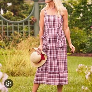 April Cornell Womens Red Pink Plaid Tank Midi Dress Large Pockets 100% Cotton